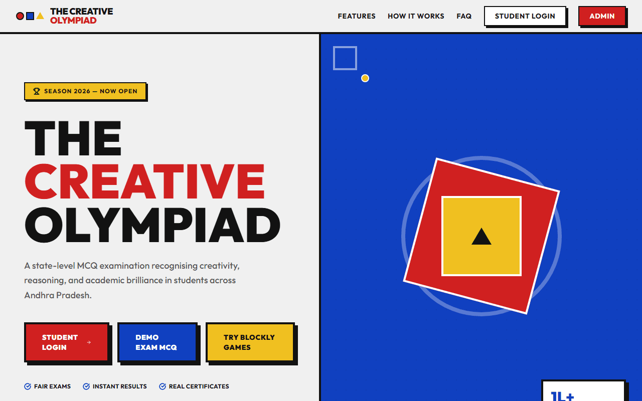 The Creative Olympiad – State-Level Online Exam Platform product interface