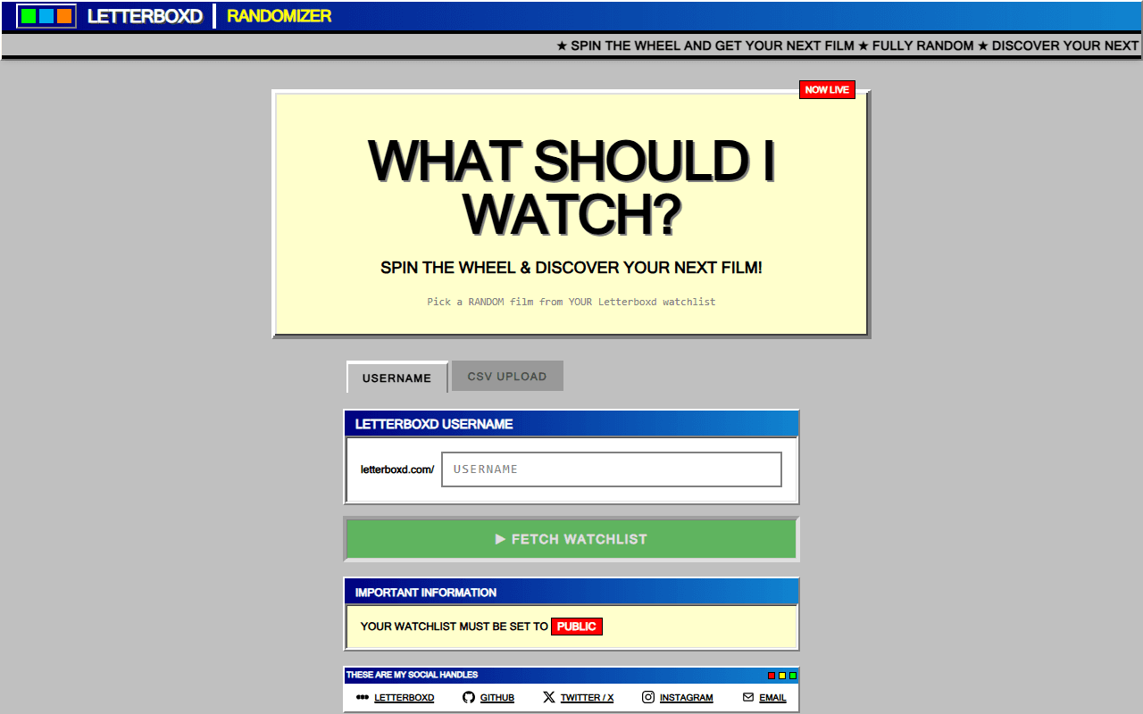 Letterboxd Randomizer – Film Discovery Engine product interface