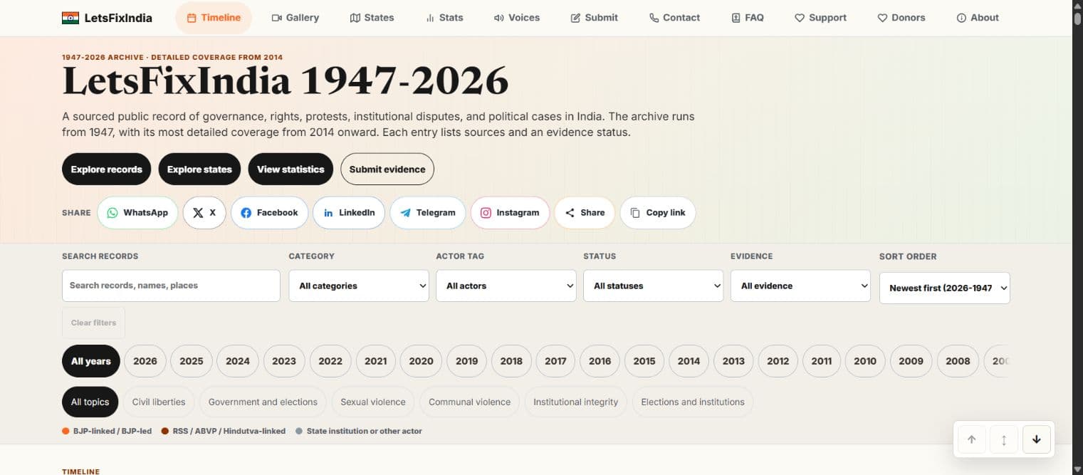 LetsFixIndia Timeline – India's Sourced Public Record (2014–2026) product interface